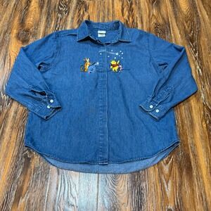 Vintage Disney Store Winnie the Pooh Embroidered Denim Shirt Blue L 90s Women's